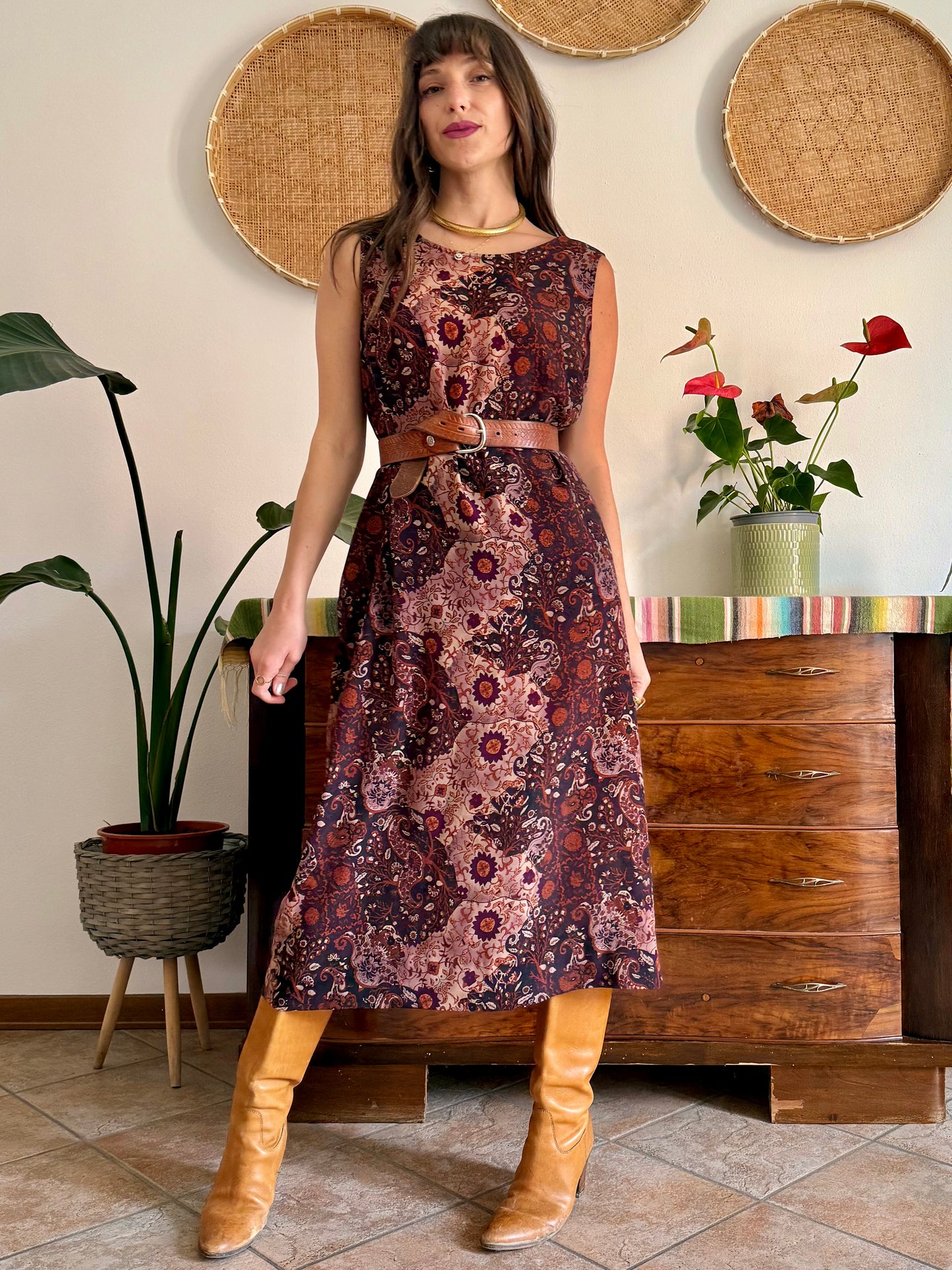 1990’s vintage burgundy, pink and orange floral paisley print maxi dress