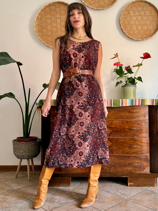 1990’s vintage burgundy, pink and orange floral paisley print maxi dress