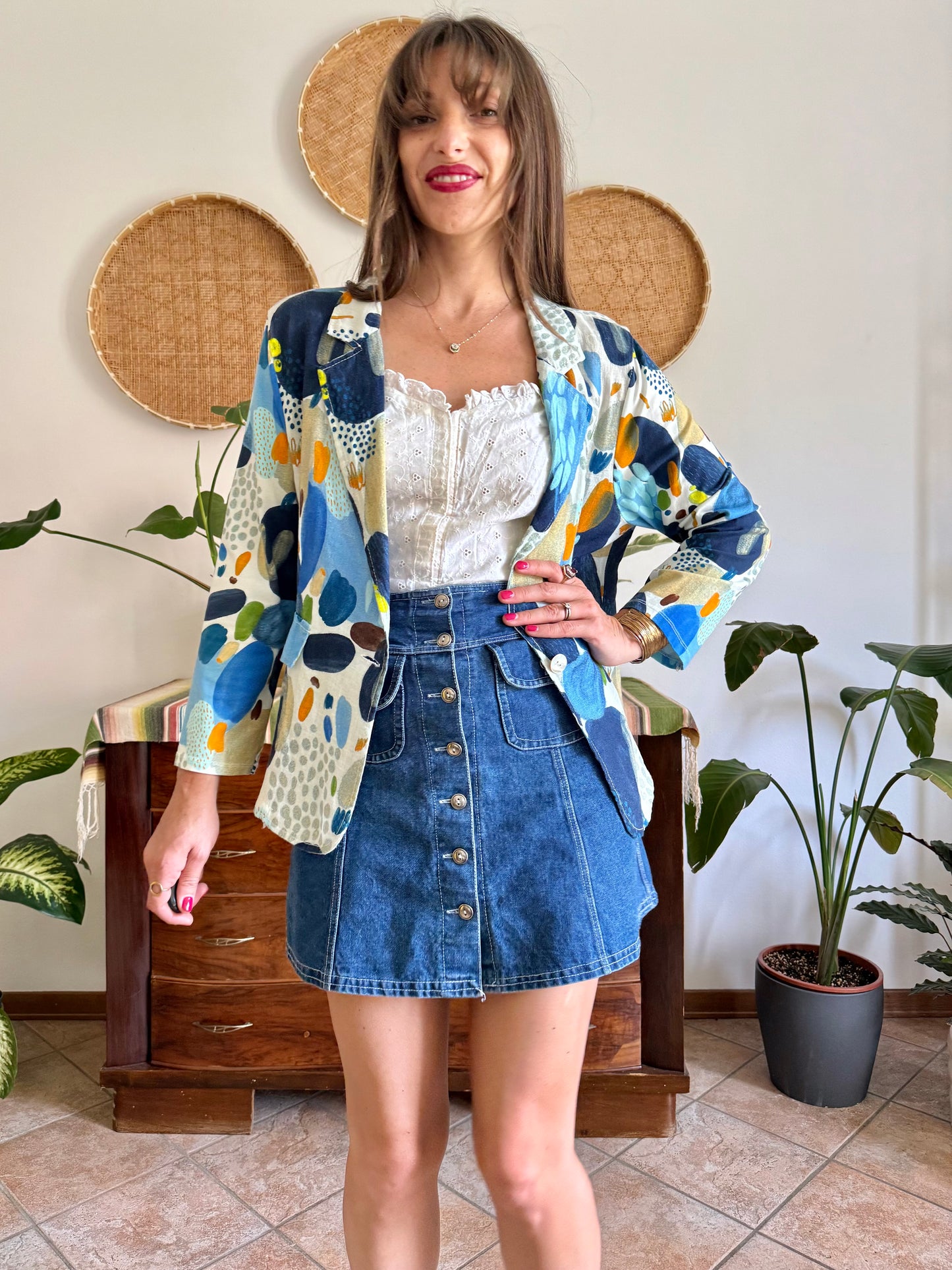 1990’s vintage blue, green and orange abstract print linen jacket