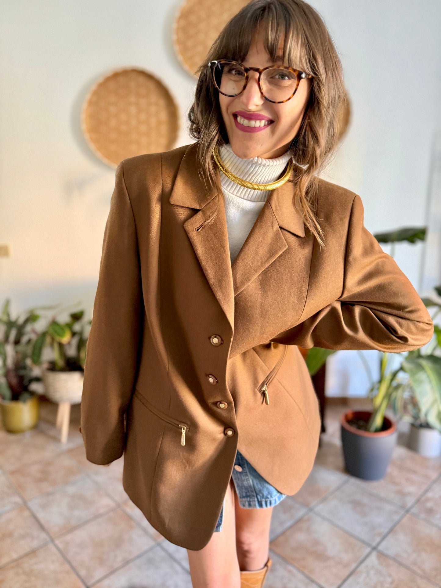 1970's vintage chocolate brown oversize wool jacket with gold metal details