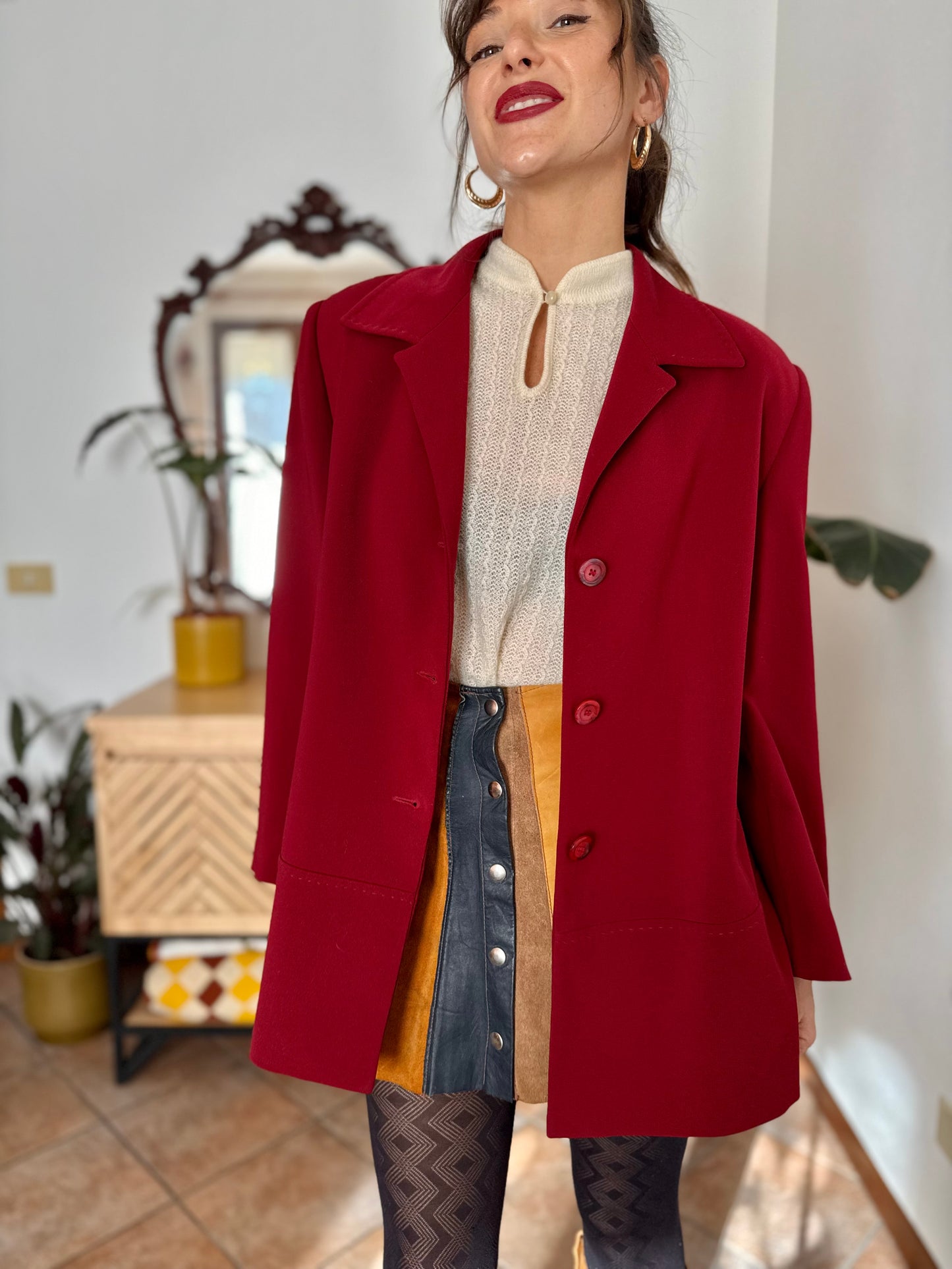 1970’s vintage oversize dark cherry red blazer with stitched detailing