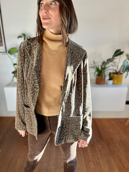 1970's vintage khaki velvet blazer with pink and cream floral print