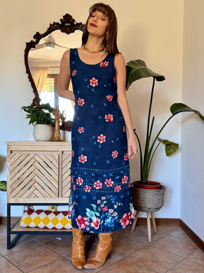 1990's vintage reversible navy blue floral print maxi dress