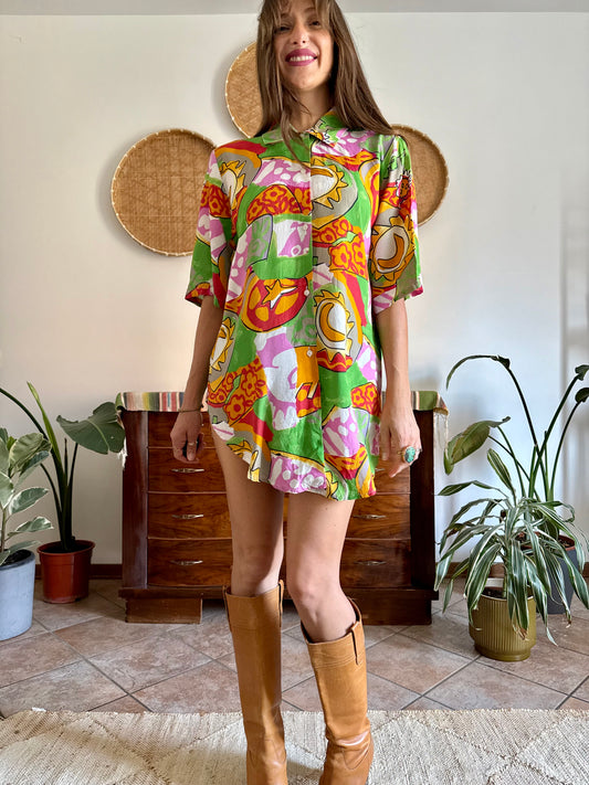 1980’s vintage green and pink multicolor abstract print shirt