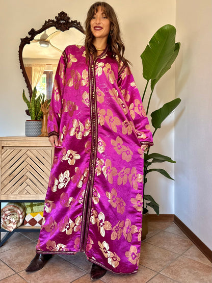 1970’s vintage fuchsia and gold floral weave brocade satin maxi dress