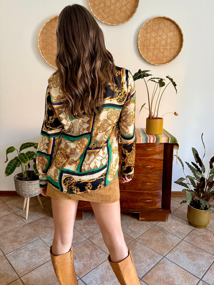 1990's vintage gold, green and yellow satin tassel print blouse