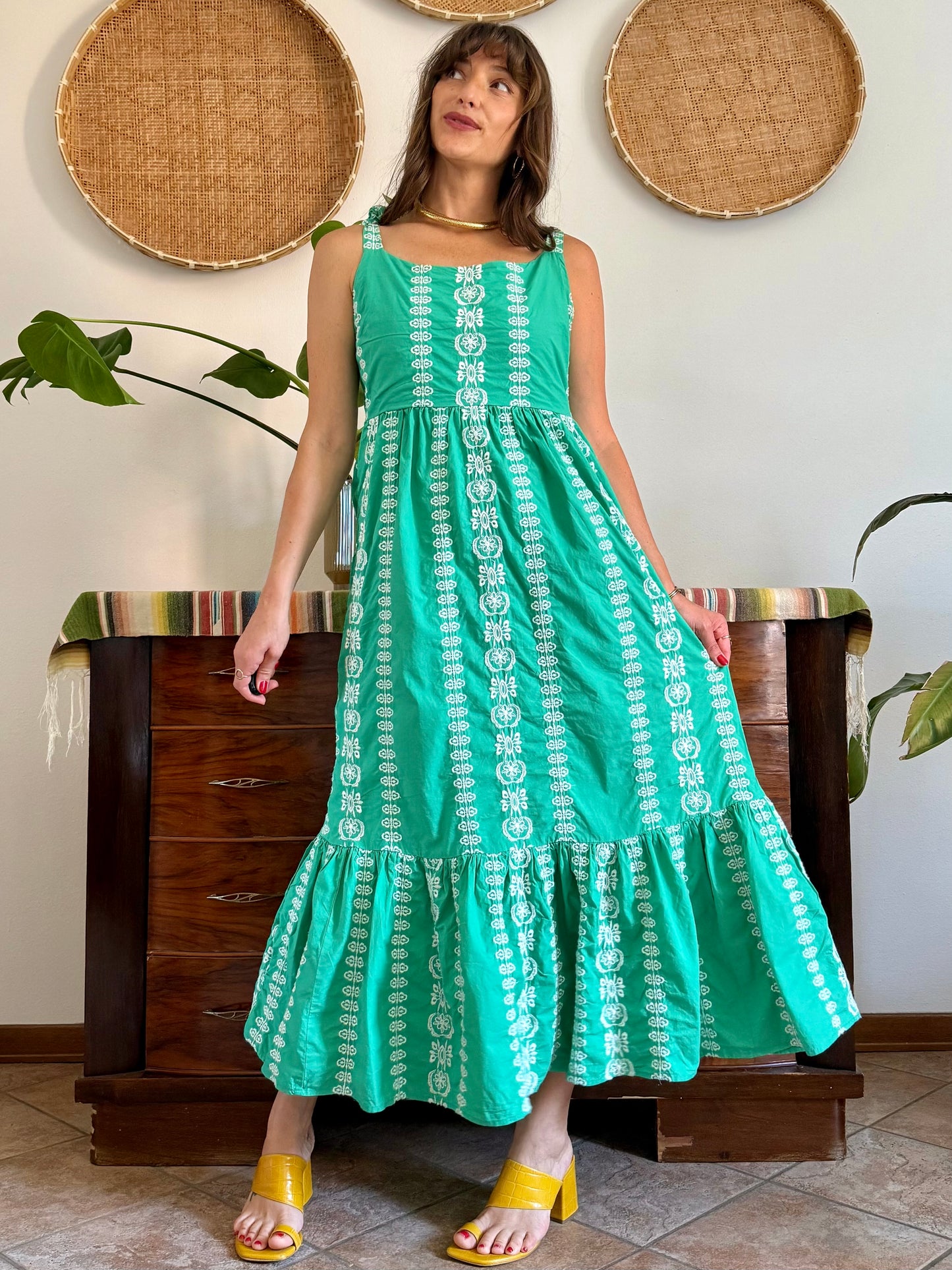 Y2K vintage green prairie maxi dress with white floral embroidery