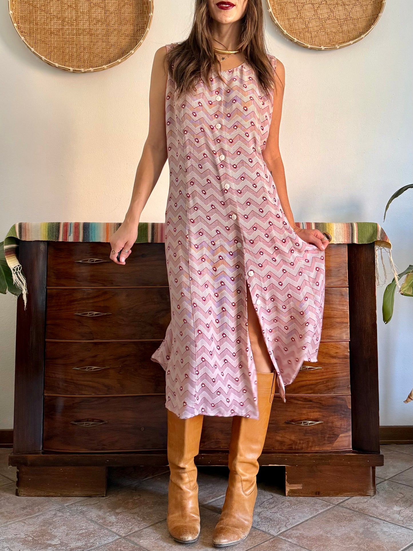1990’s vintage burgundy and cream  chevron print silk maxi dress