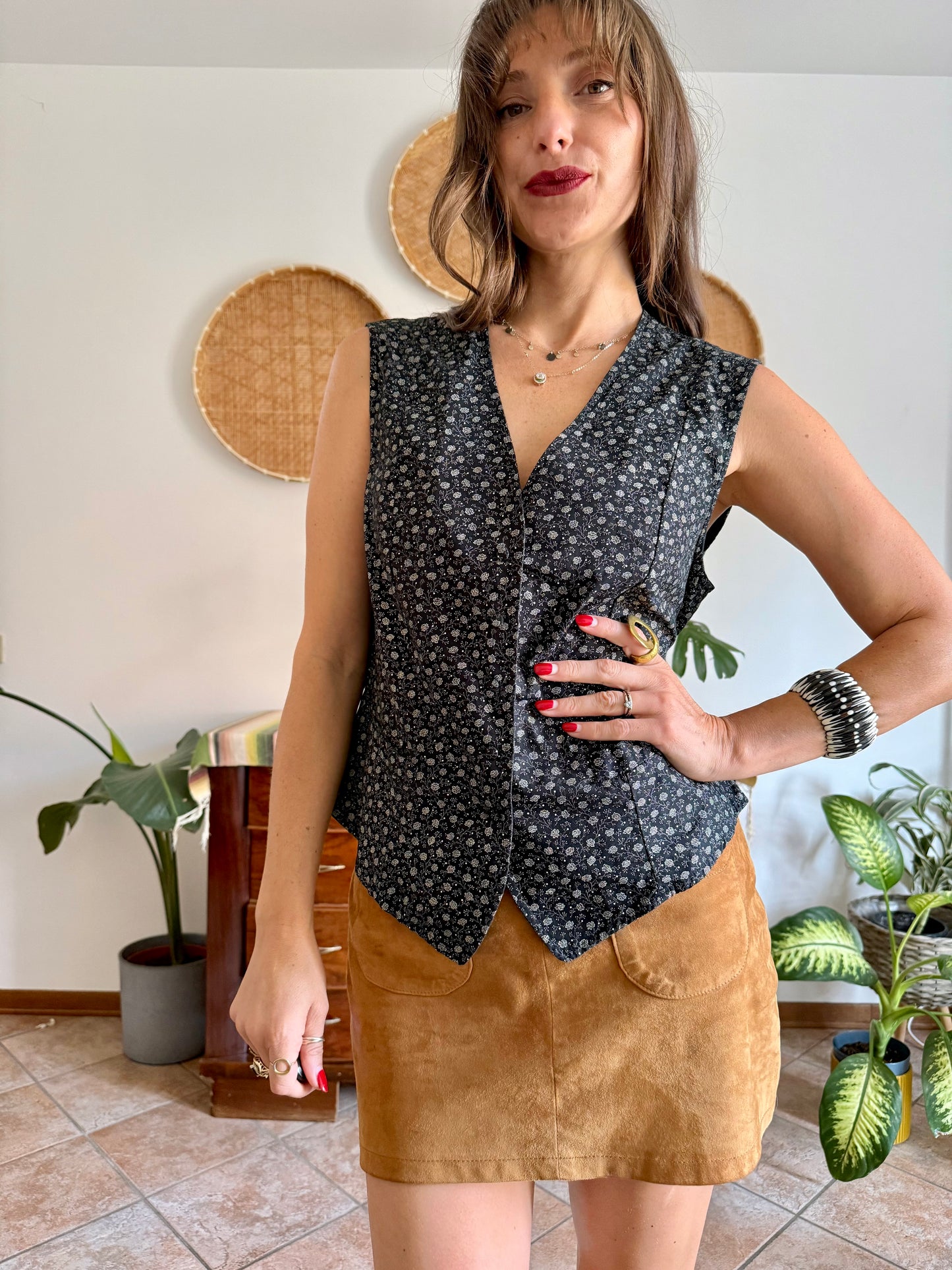 1970’s vintage black cotton vest with white floral print