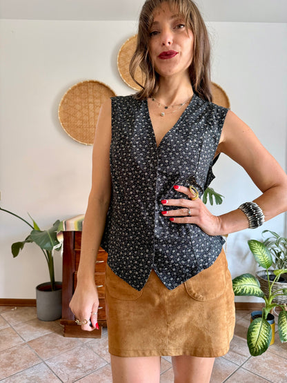 1970’s vintage black cotton vest with white floral print