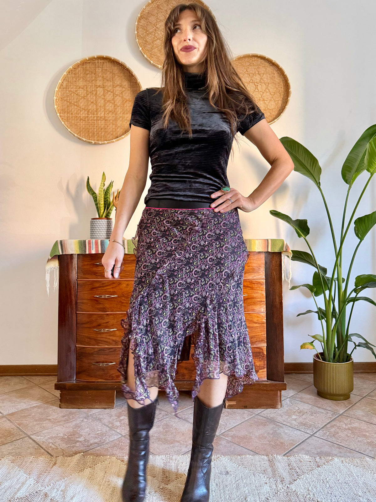 Y2K vintage asymmetrical hem silk paisley print skirt
