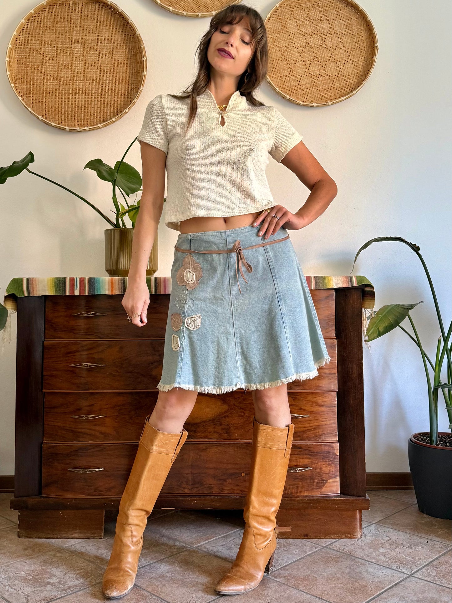 Y2K vintage denim skirt with beige floral patch detailing