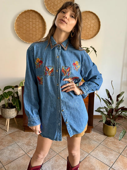 1990's vintage denim shirt with red, yellow and green embroidered autumn leaves