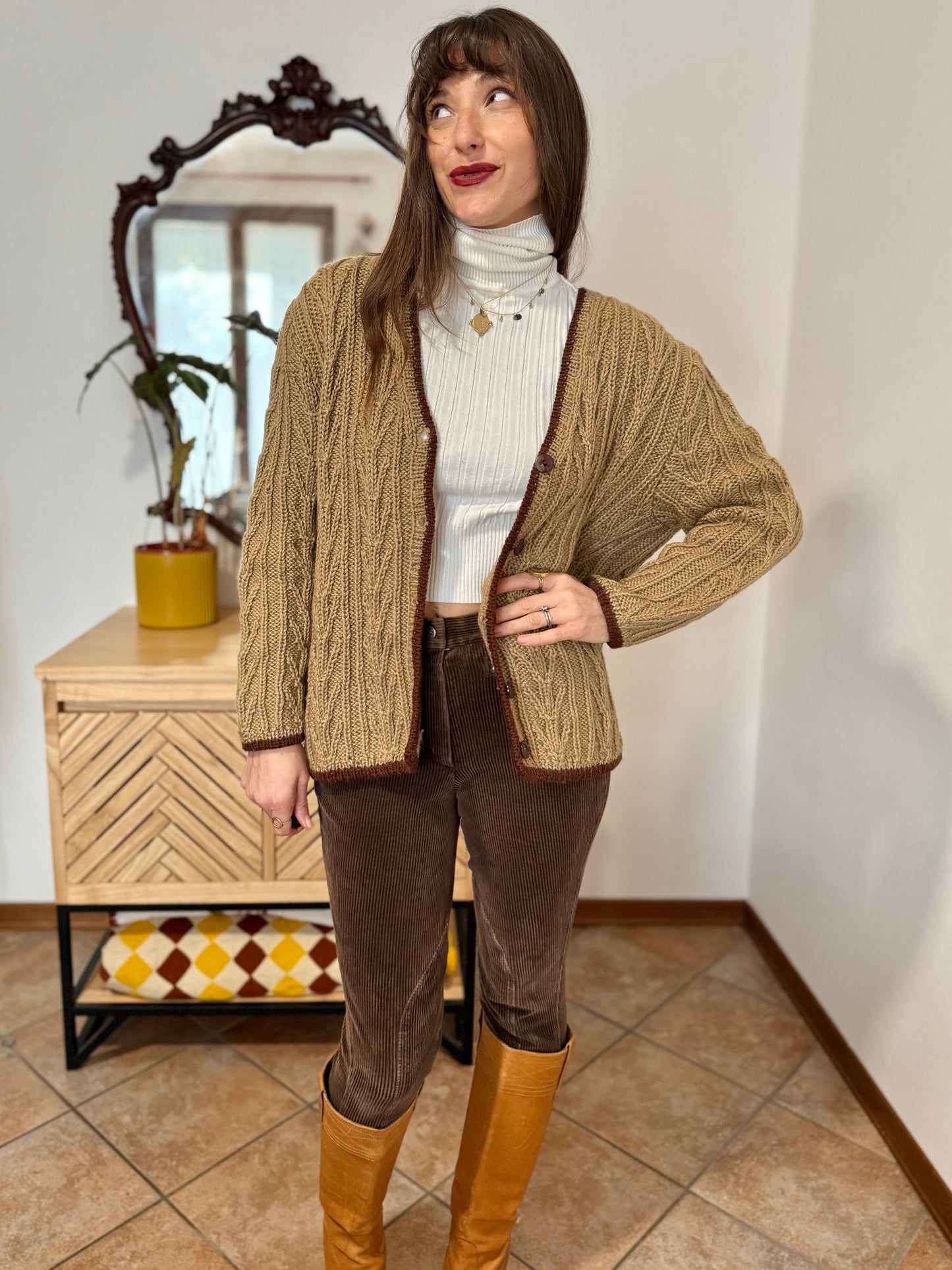 1970’s vintage tan hand knit wool cardigan with chocolate brown stitch trimming