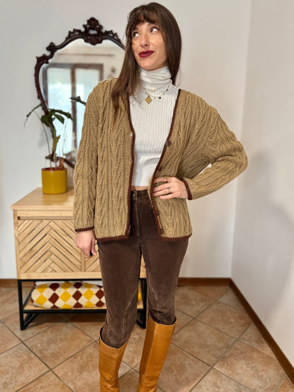 1970’s vintage tan hand knit wool cardigan with chocolate brown stitch trimming