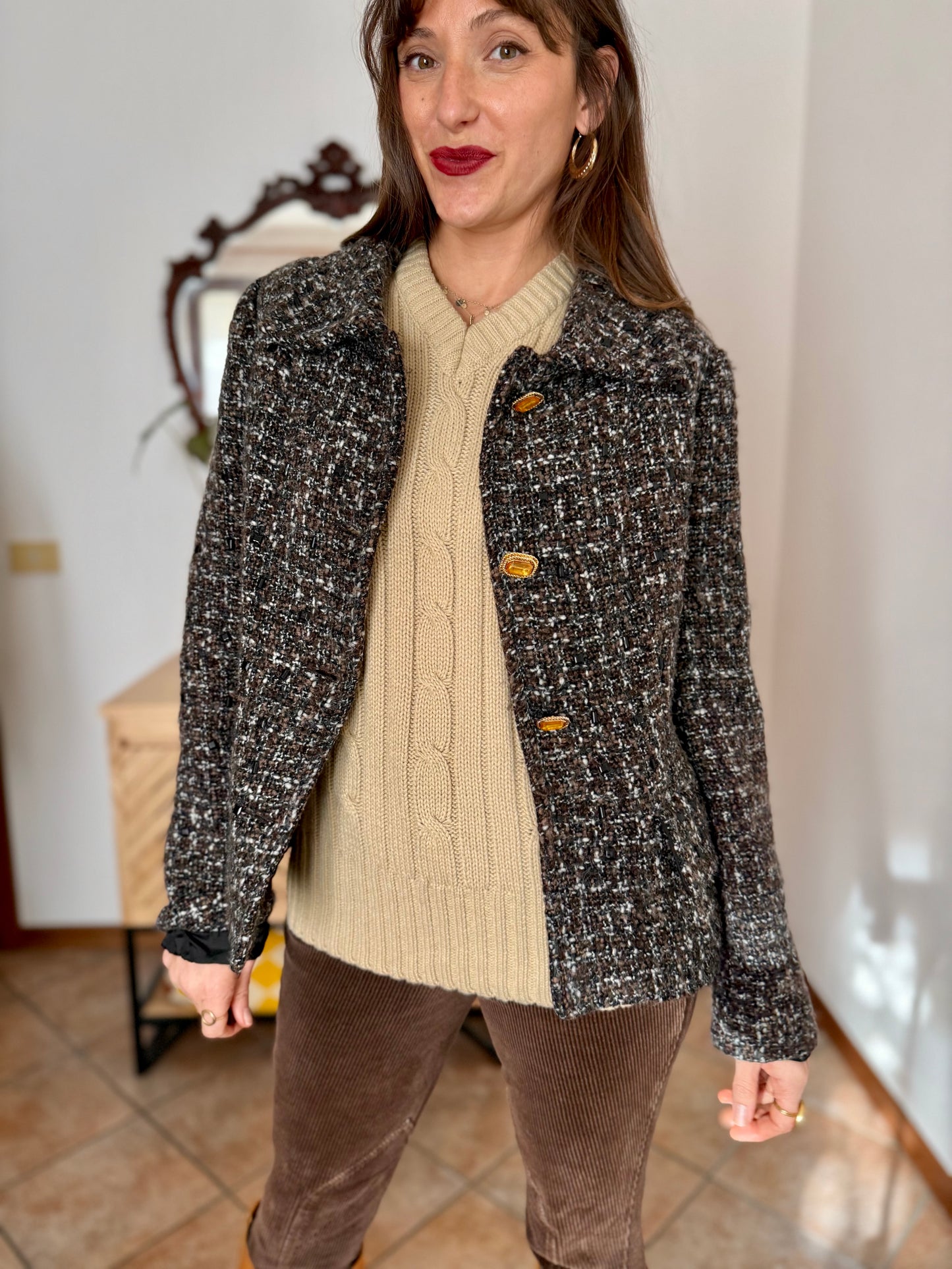 1990’s vintage black, khaki and cream boucle wool with gold and yellow glass buttons