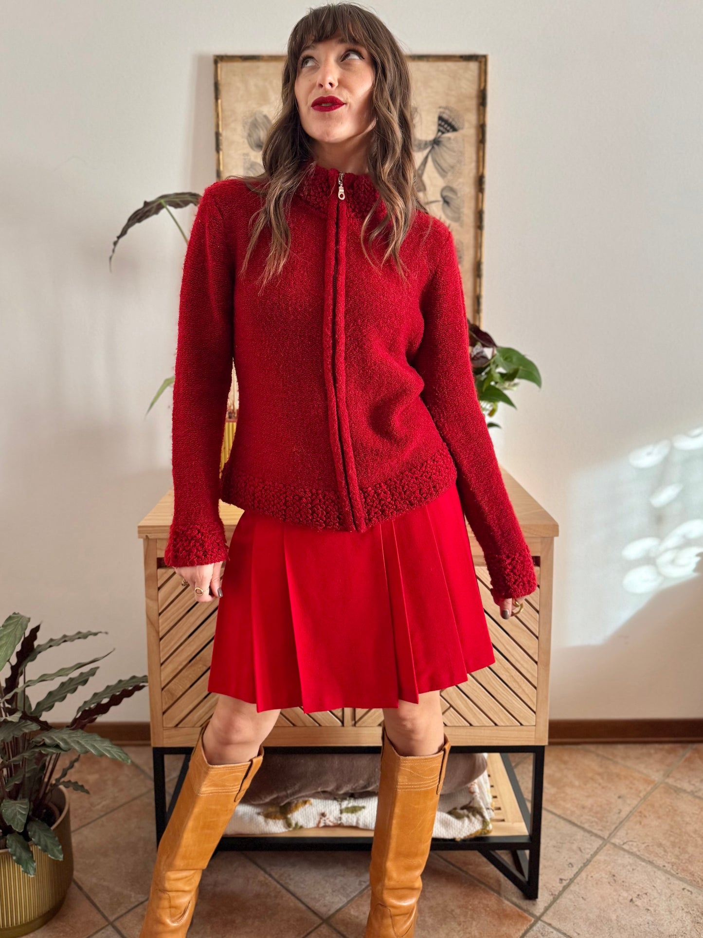 1990’s vintage textured cherry red knit zip up cardigan