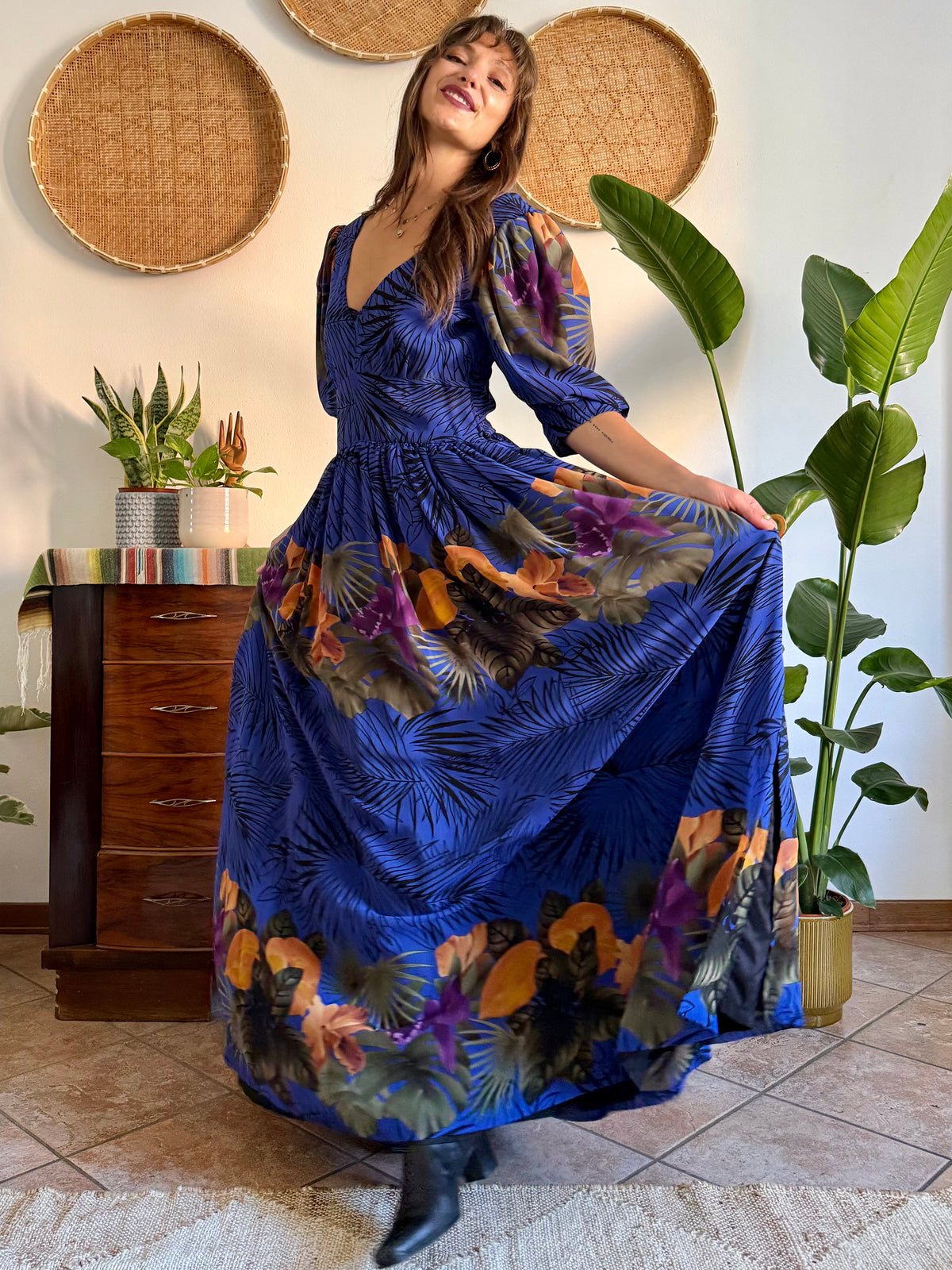 1960’s vintage blue floral silk evening gown with matching scarf and belt