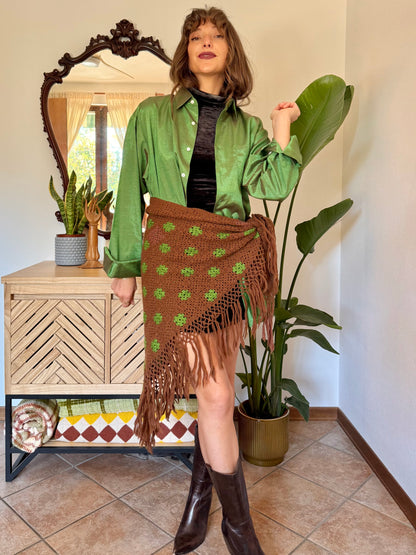 1970’s vintage chocolate brown and green knit shawl with fringe trim