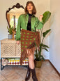 1970’s vintage chocolate brown and green knit shawl with fringe trim