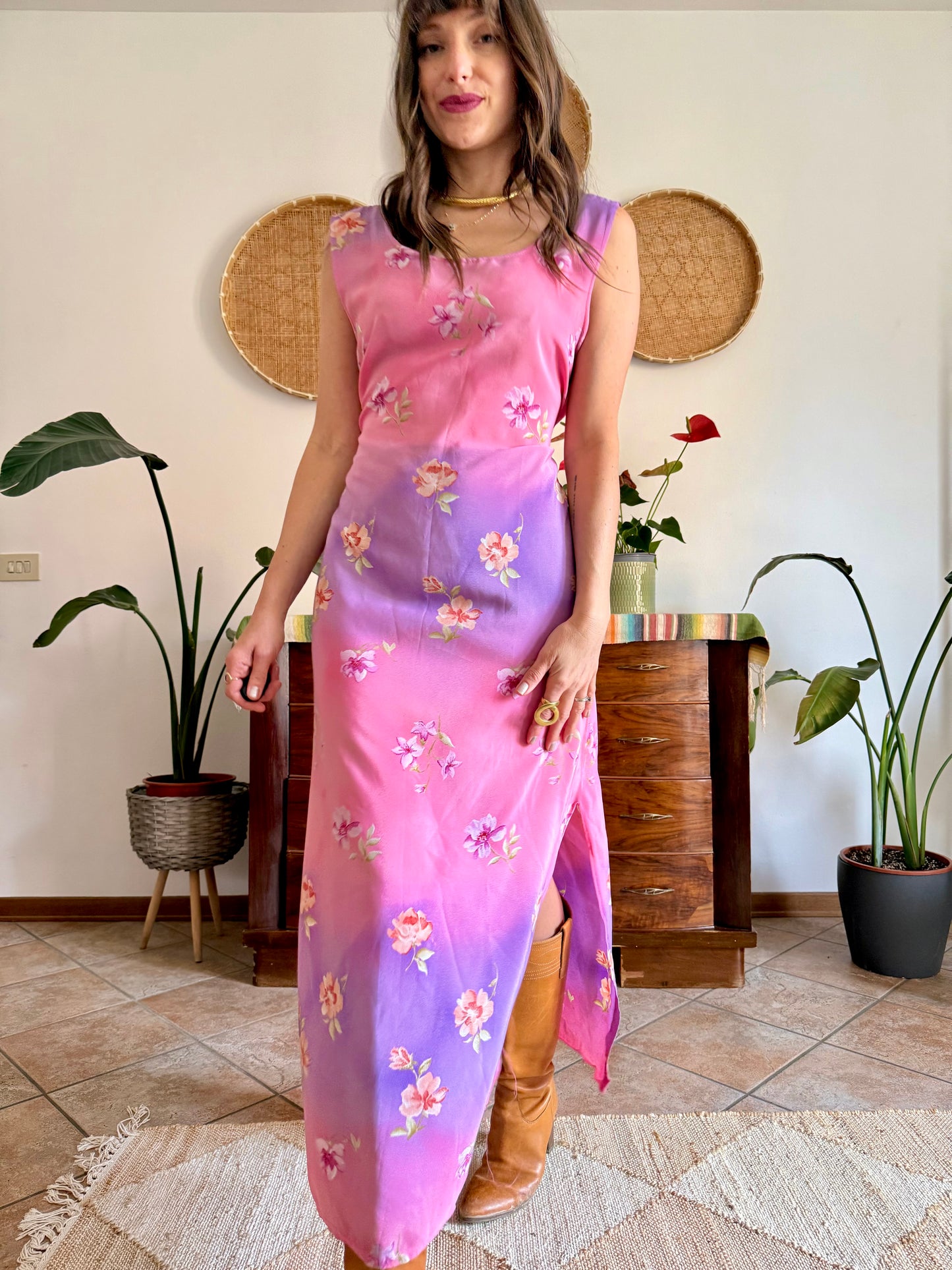 Y2K vintage lilac and pink semi sheer floral maxi dress