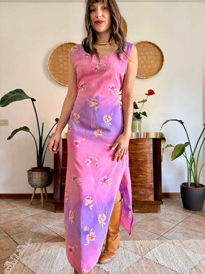 Y2K vintage lilac and pink semi sheer floral maxi dress