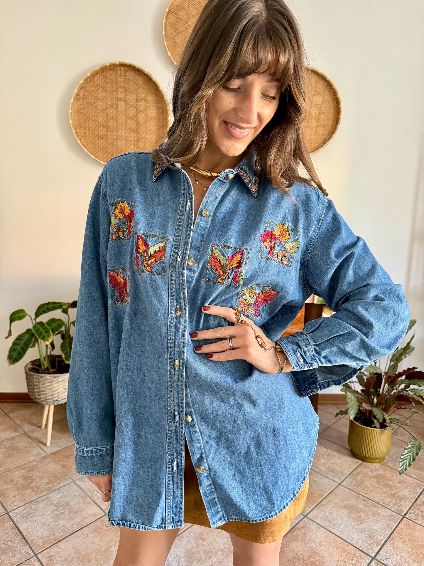 1990's vintage denim shirt with red, yellow and green embroidered autumn leaves