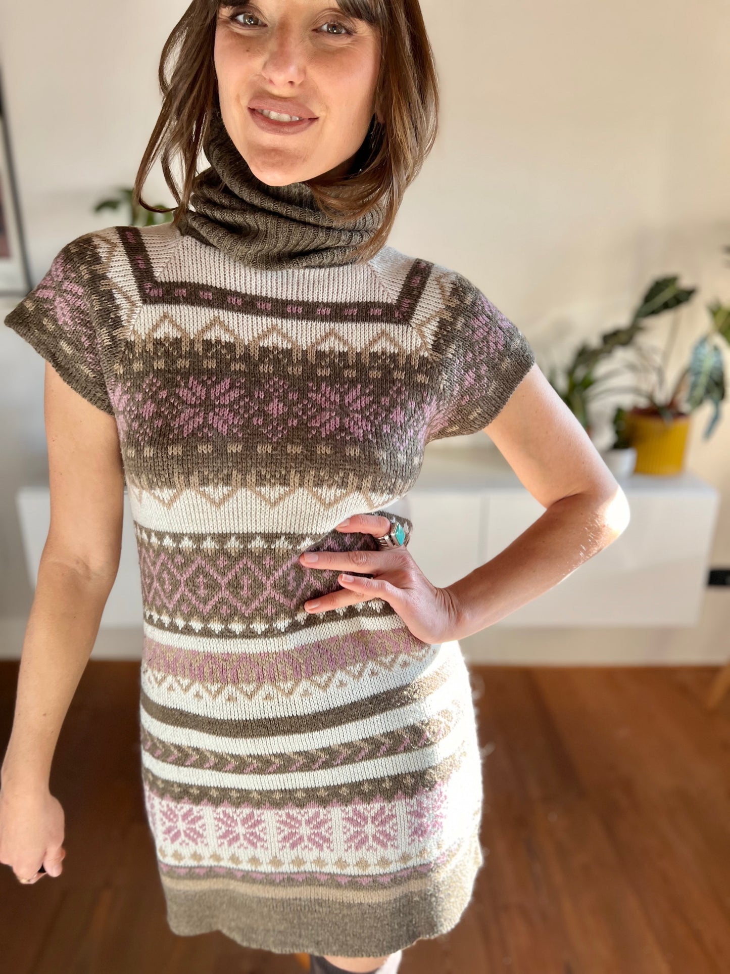 1990's vintage pink and brown geometric knit turtleneck mini dress