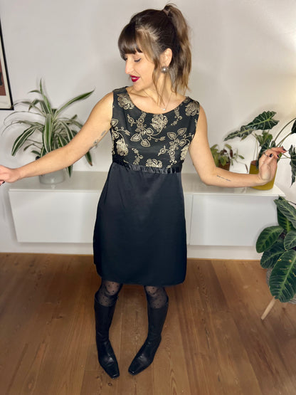 1990's vintage black mini dress with gold floral embroidery