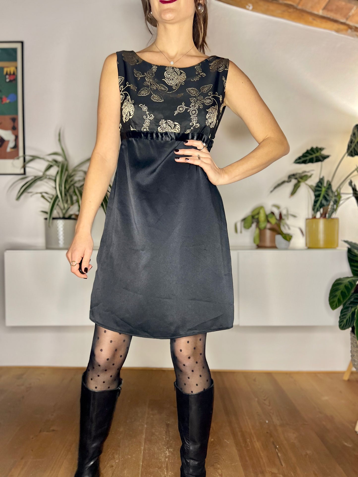 1990's vintage black mini dress with gold floral embroidery