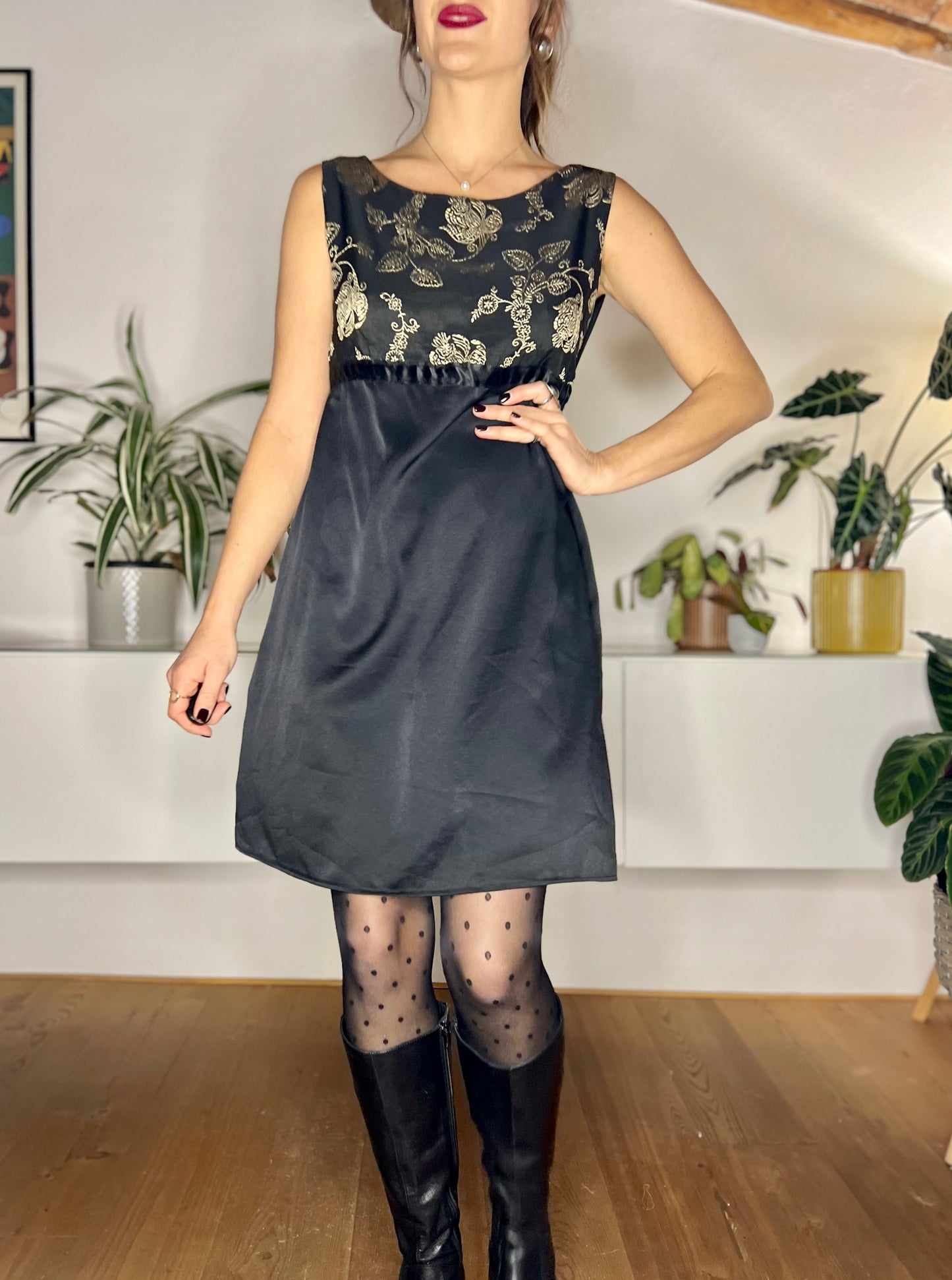 1990's vintage black mini dress with gold floral embroidery