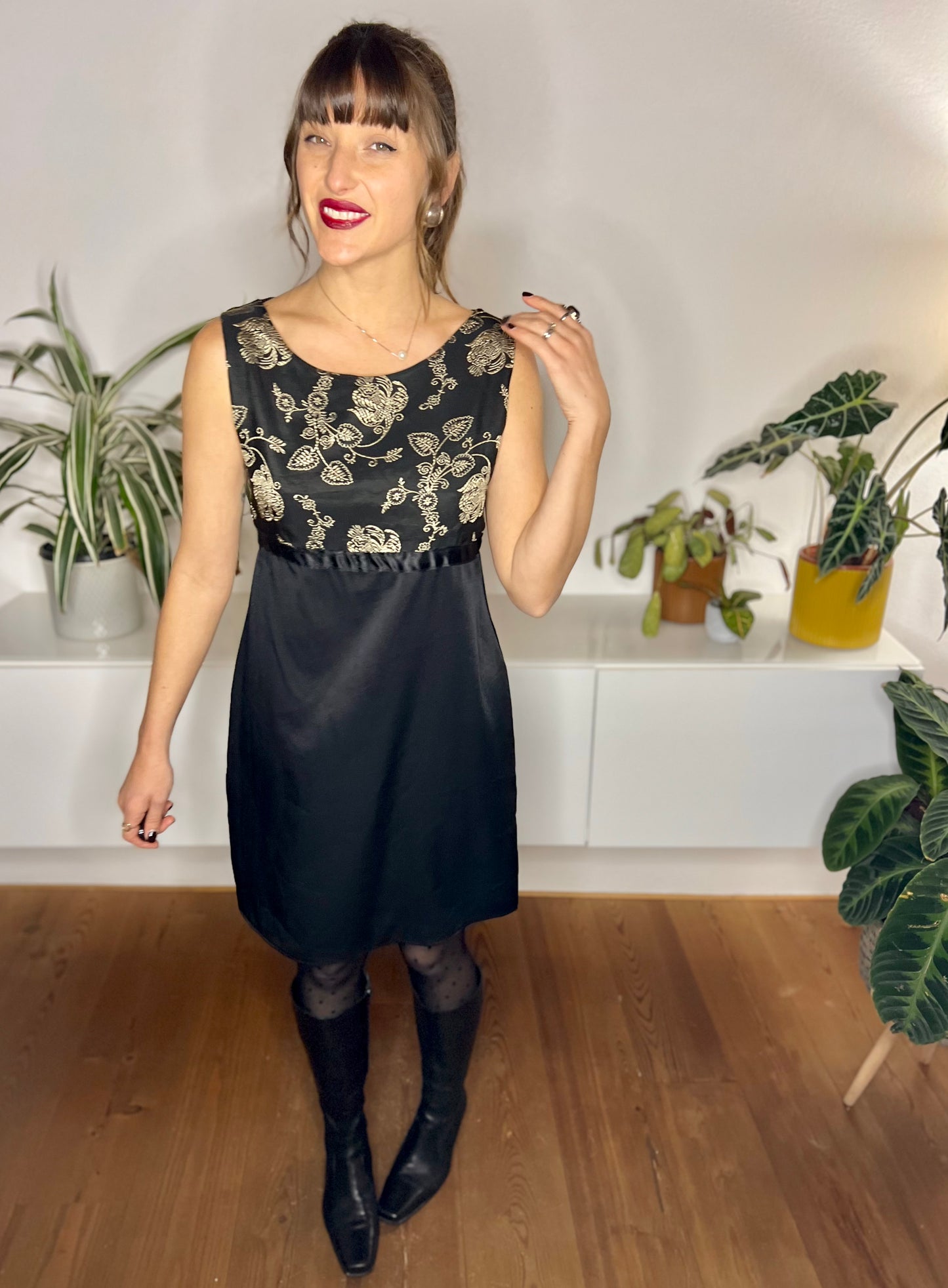 1990's vintage black mini dress with gold floral embroidery