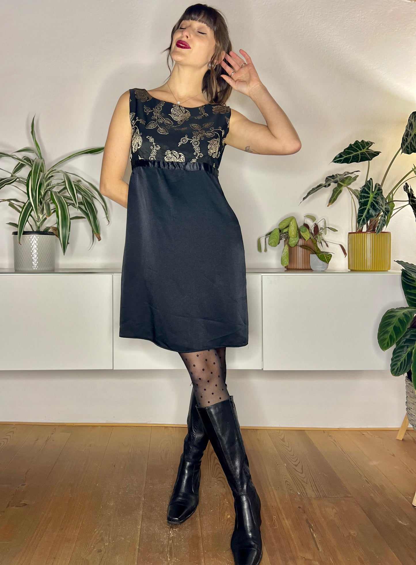 1990's vintage black mini dress with gold floral embroidery