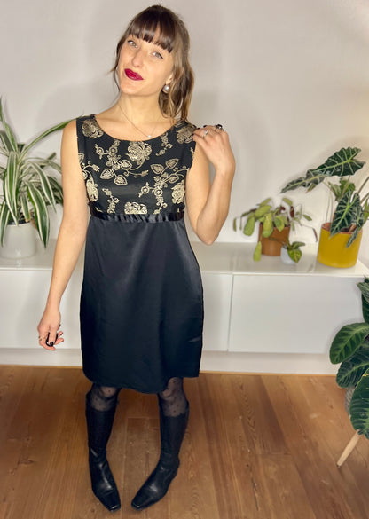 1990's vintage black mini dress with gold floral embroidery