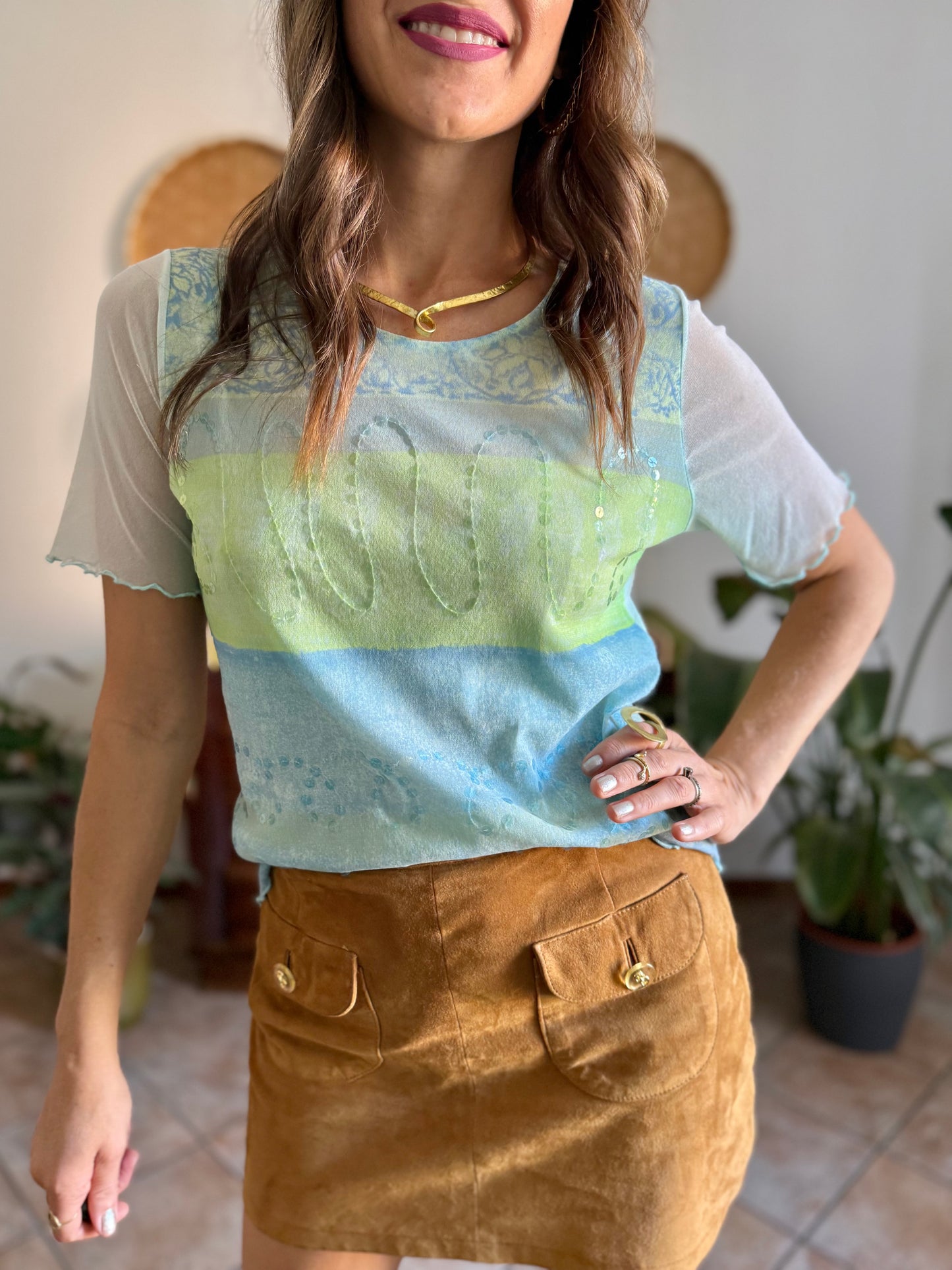 Y2k vintage light blue, turquoise and green mesh top with sequin details