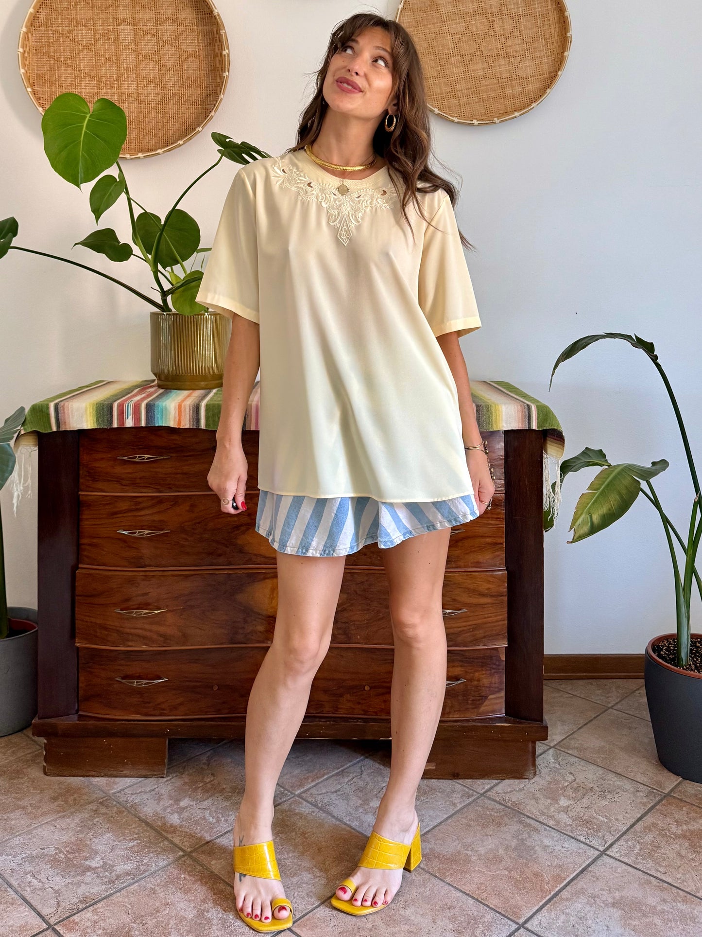 1970's vintage butter yellow blouse with floral embroidered neckline