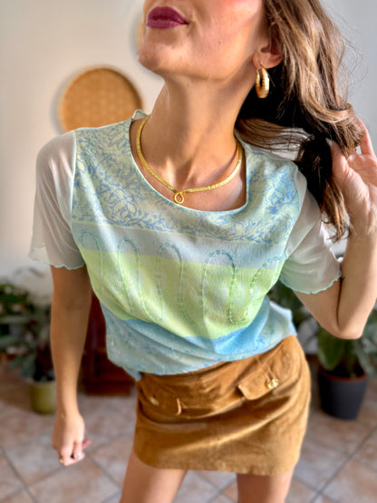 Y2k vintage light blue, turquoise and green mesh top with sequin details