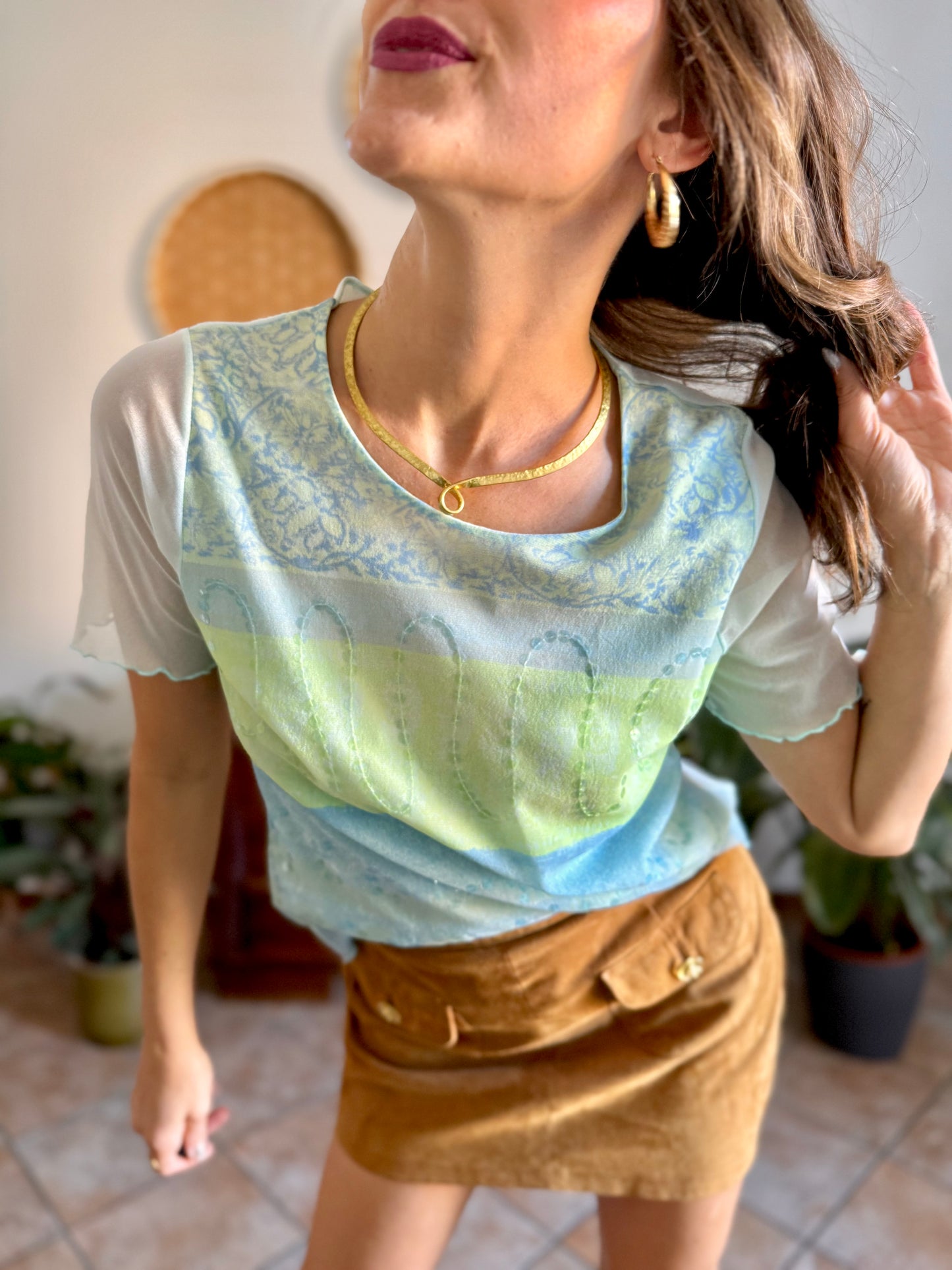 Y2k vintage light blue, turquoise and green mesh top with sequin details