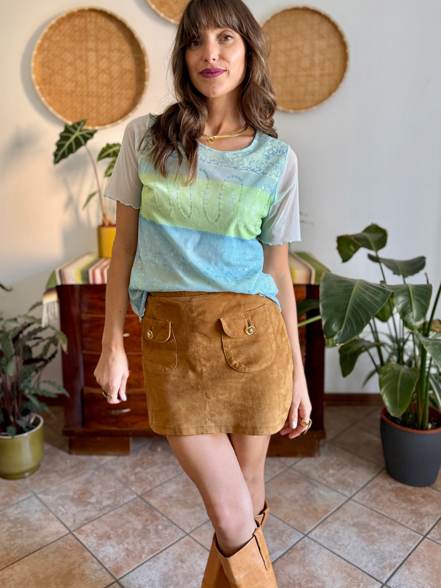 Y2k vintage light blue, turquoise and green mesh top with sequin details