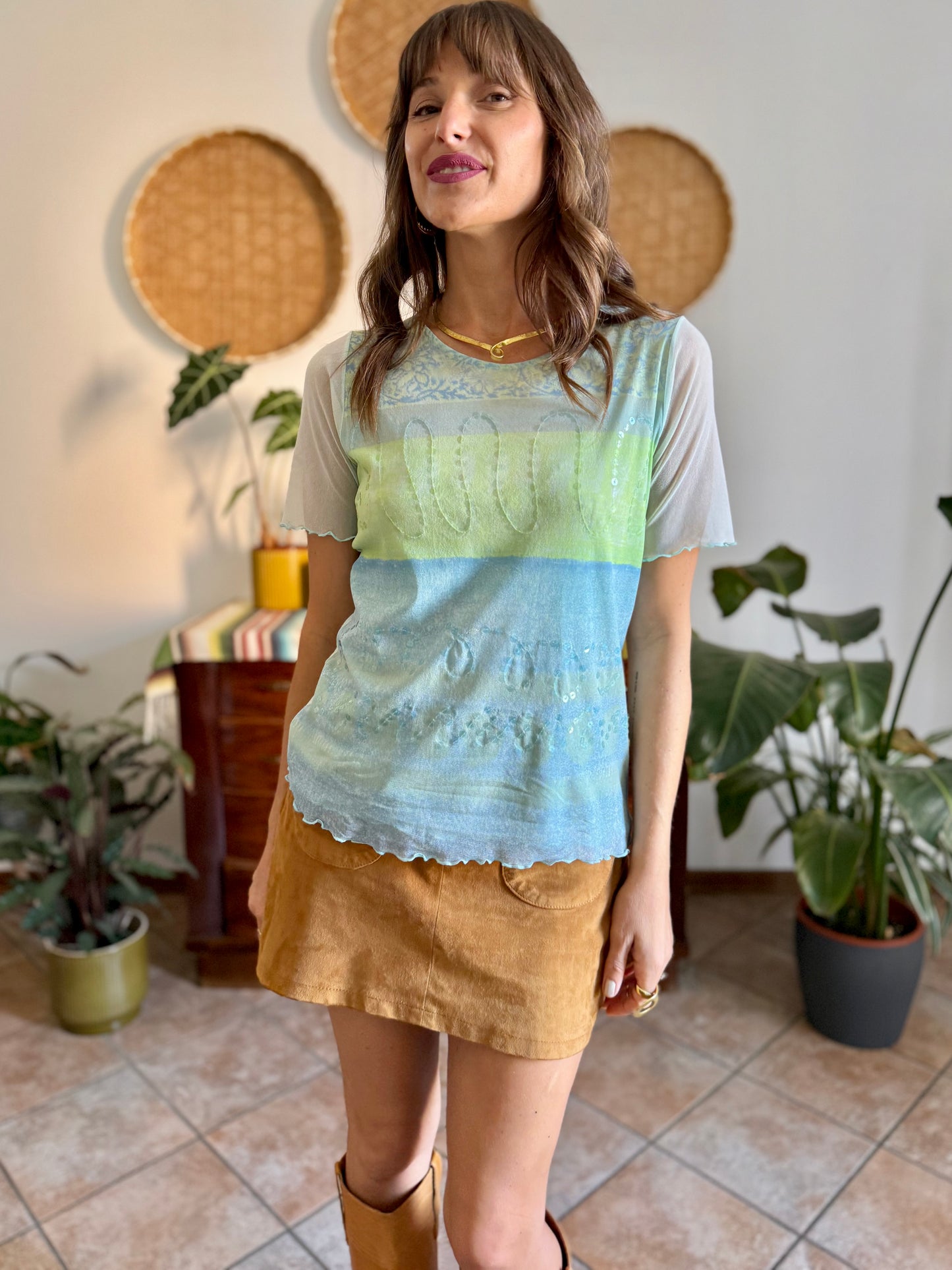 Y2k vintage light blue, turquoise and green mesh top with sequin details