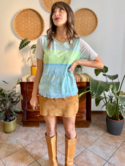 Y2k vintage light blue, turquoise and green mesh top with sequin details