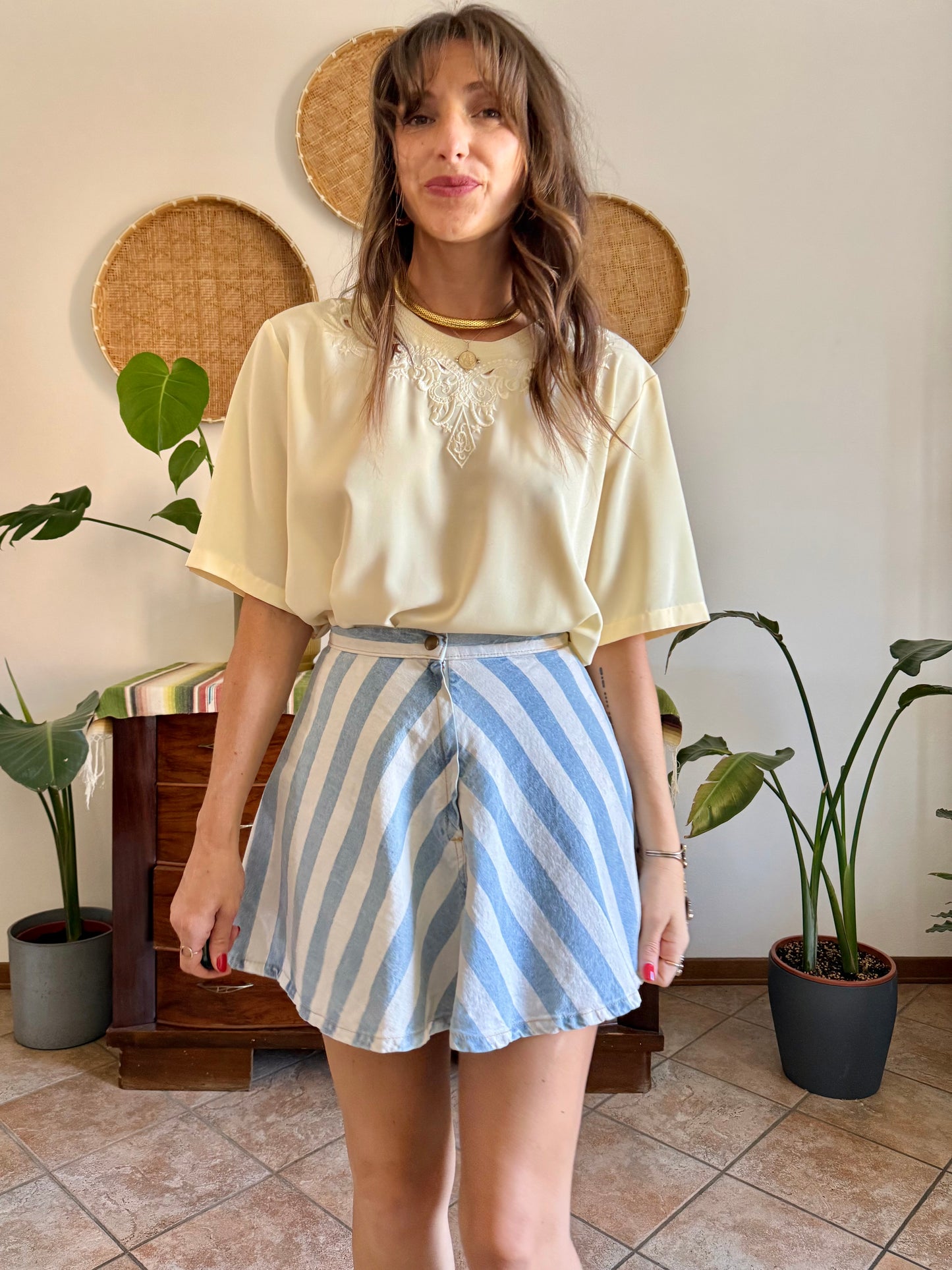 1970's vintage butter yellow blouse with floral embroidered neckline