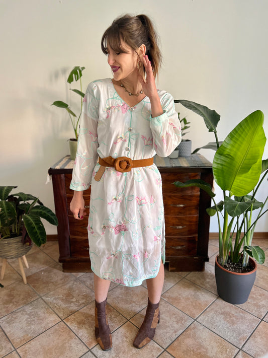1990's vintage cream Vietnamese dress with turquoise, pink and butter yellow embroidered floral design