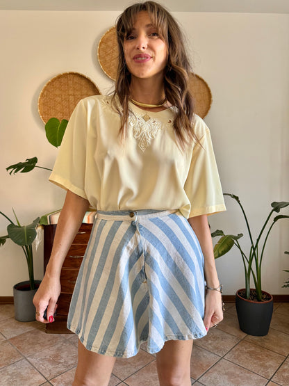 1970's vintage butter yellow blouse with floral embroidered neckline