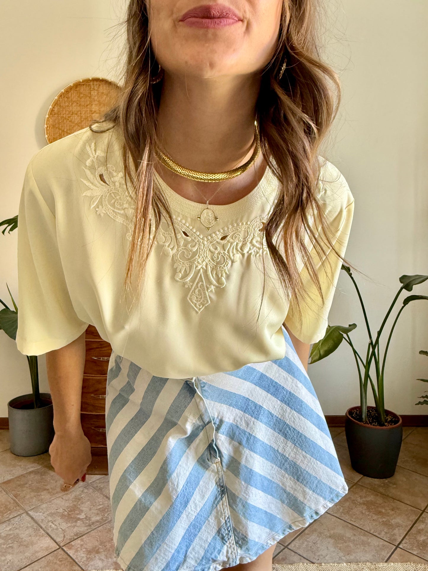 1970's vintage butter yellow blouse with floral embroidered neckline