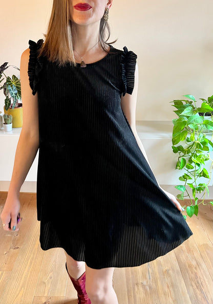 1970's vintage semi sheer stripe black velvet mini dress with ruffle cap sleeves