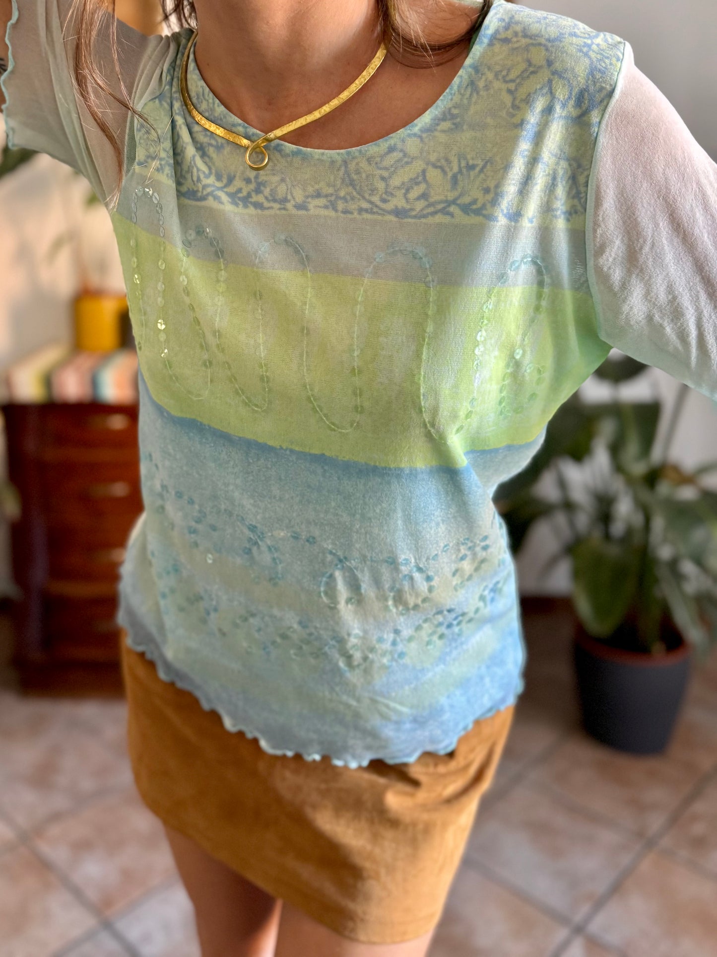 Y2k vintage light blue, turquoise and green mesh top with sequin details