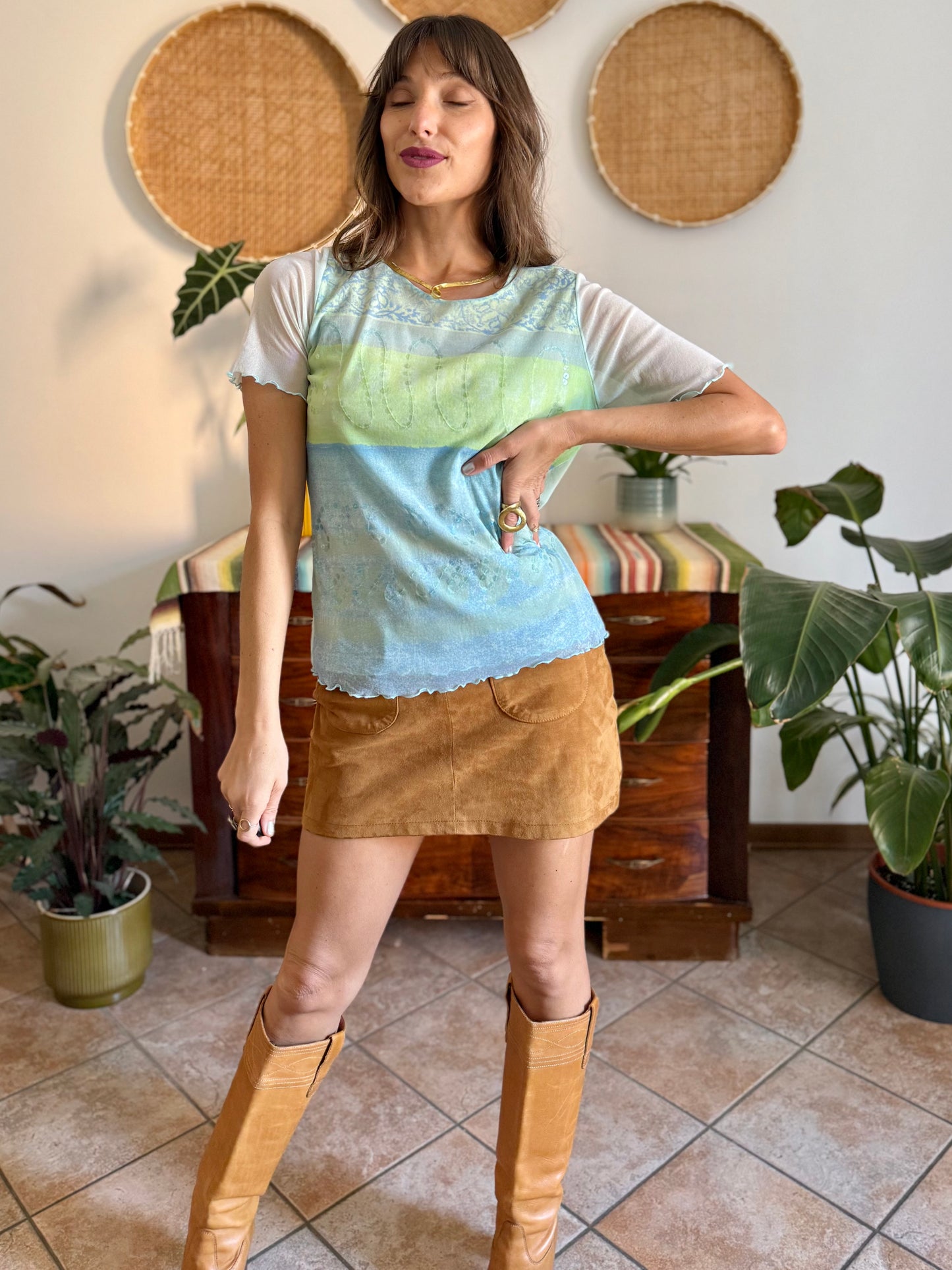 Y2k vintage light blue, turquoise and green mesh top with sequin details