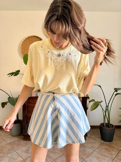 1970's vintage butter yellow blouse with floral embroidered neckline