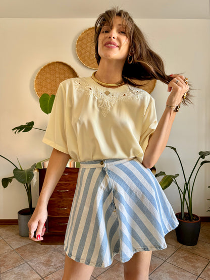 1970's vintage butter yellow blouse with floral embroidered neckline